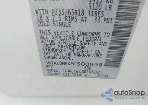 2014 Infiniti Qx60 z USA, uszkodzony, nr VIN 5N1AL0MMXEC500998